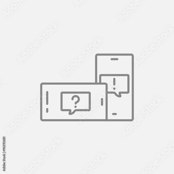 Obraz Two smartphones with speech squares on screen line icon.