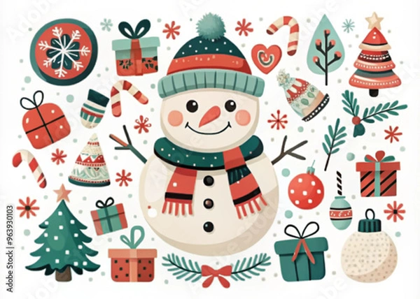 Obraz Cute Christmas illustration featuring a snowman with festive decorations and gifts

