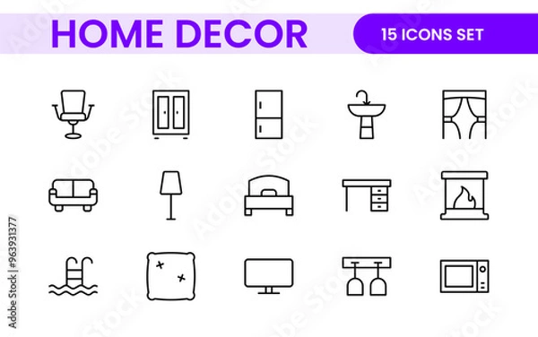 Fototapeta Elegant Interior and Home Decor Icons: A Stylish Set for Designing, Decorating, Renovating, and Enhancing Home Interiors with Visual Appeal