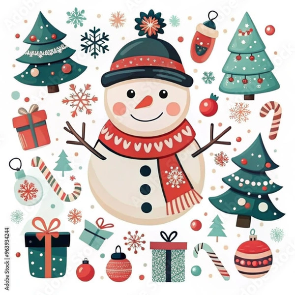 Obraz Cute Christmas illustration featuring a snowman with festive decorations and gifts

