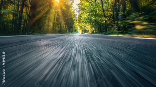 Obraz Fast moving asphalt road and green forest landscape.