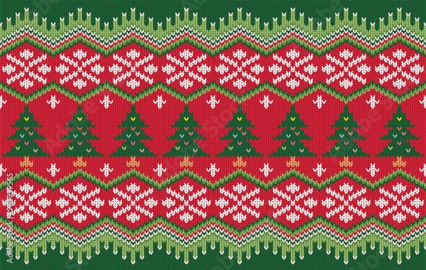 Fototapeta Knitted pattern seamless fabric Christmas and snow. traditional knitted pattern vector winter style. Designed for background ,wallpaper ,carpet ,clothing ,knitted pattern ,fabric ,embroidery ,textile