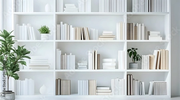 Fototapeta A clean, white bookshelf with neatly arranged books and minimal decor