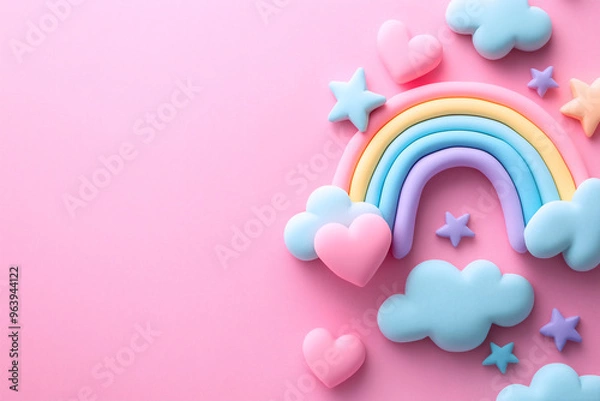 Fototapeta 立体的なファンシーな虹と星とハート