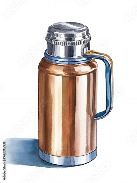 Fototapeta A vintage-style copper thermos with a blue handle and silver lid against a white background.