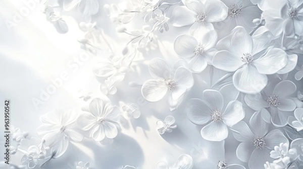 Fototapeta A serene arrangement of delicate white flowers on a dynamic white backdrop, offering a calming and elegant floral background for decor