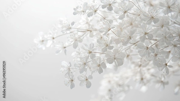 Fototapeta Delicate white flowers gracefully arranged on a dynamic white background, providing a soft, elegant floral theme for design and decoration
