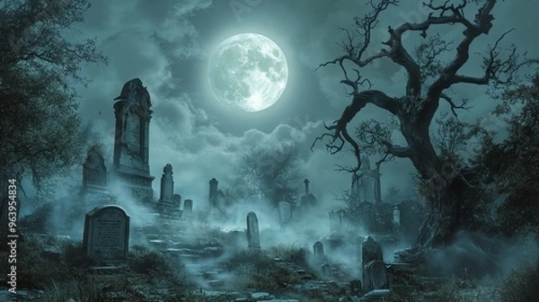Fototapeta A spooky graveyard under a full moon. The tombstones are old and weathered, and the fog adds to the eerie atmosphere.