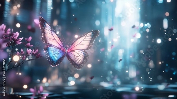 Fototapeta A neon-lit butterfly with holographic wings fluttering in a digital forest style