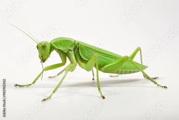 Fototapeta Close-up of a vibrant green grasshopper on a white surface showcasing its detailed anatomy