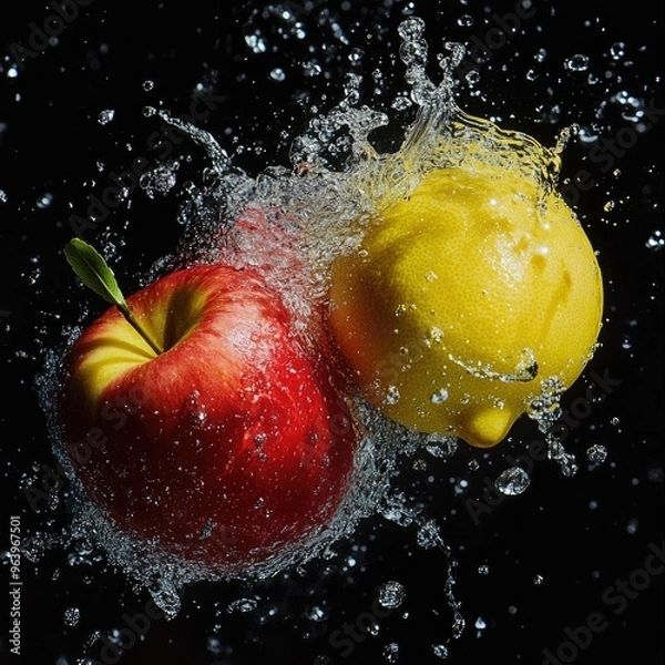 Fototapeta Design a high-resolution scene where strawberries, blueberries, blackberries, and raspberries spin mid-air, surrounded by dynamic water splashes, each droplet reflecting light and capturing the vibran