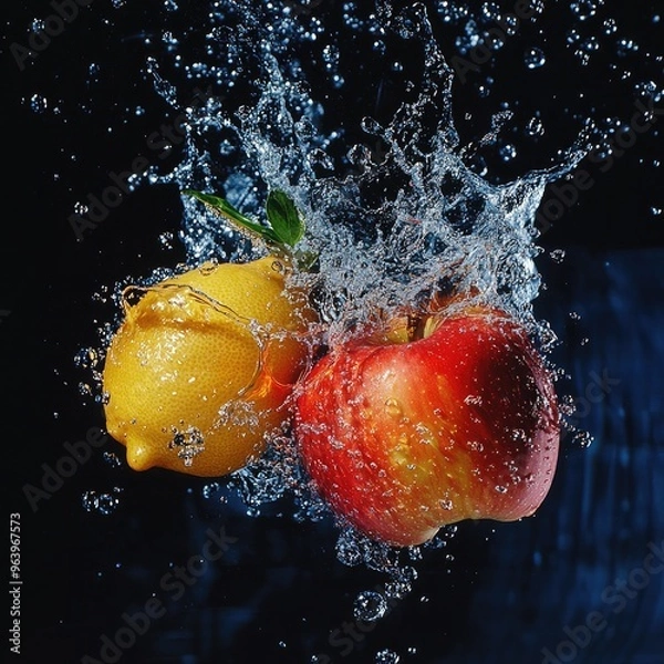 Fototapeta Design a high-resolution scene where strawberries, blueberries, blackberries, and raspberries spin mid-air, surrounded by dynamic water splashes, each droplet reflecting light and capturing the vibran