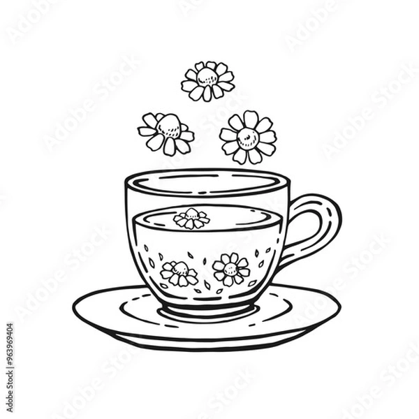Fototapeta Glass cup of tea, chamomile. Hand drawn vector illustration in outline style.