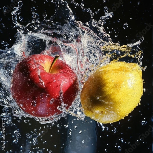 Fototapeta Design a high-resolution scene where strawberries, blueberries, blackberries, and raspberries spin mid-air, surrounded by dynamic water splashes, each droplet reflecting light and capturing the vibran