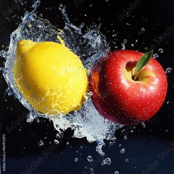 Fototapeta Design a high-resolution scene where strawberries, blueberries, blackberries, and raspberries spin mid-air, surrounded by dynamic water splashes, each droplet reflecting light and capturing the vibran