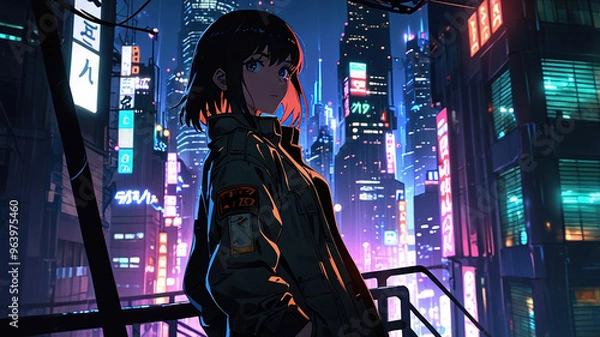 Obraz Anime Cyberpunk Cityscape. Generative AI	