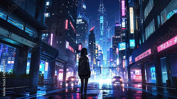 Obraz Anime Cyberpunk Cityscape. Generative AI	