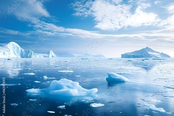 Fototapeta Frozen landscape of glaciers and icebergs, floating in a calm, icy sea under the glow of the midnight sun