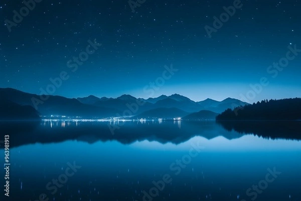 Fototapeta Starry night sky over a calm lake, reflection, mountains in the distance, minimalist, serene