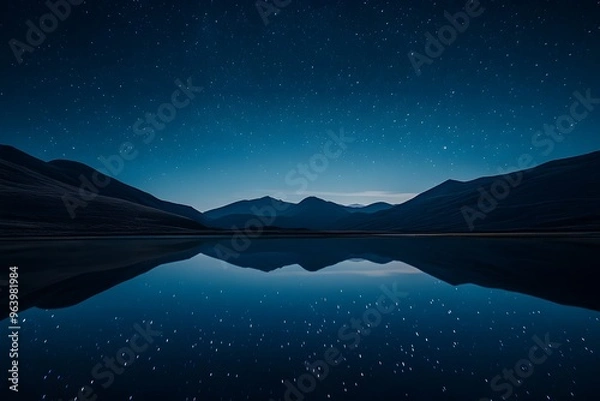 Fototapeta Starry night sky over a calm lake, reflection, mountains in the distance, minimalist, serene