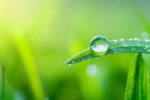 Fototapeta Close-up of a single dewdrop on a leaf, reflecting the vast expanse of a misty morning meadow