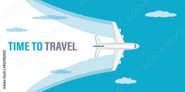 Fototapeta Airplane flight, top view. Plane journey, time to travel, tours, airport advertising, trip abroad on vacation, and plane routes, horizontal banner. Place for text, template.