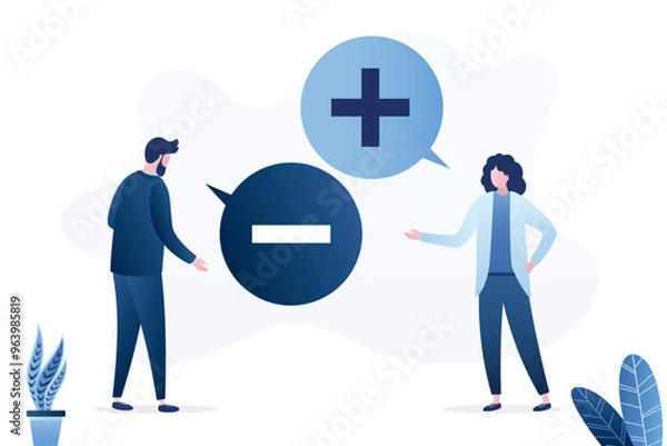 Fototapeta Man and woman talking, speech bubbles. Business people with positive and negative thinking speech bubble, bad and good thoughts, mood. Pessimist and optimist concept.