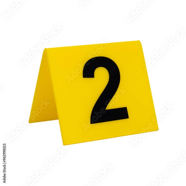 Obraz Crime scene investigation. Yellow marker for identification of material evidence on a white background number 2
