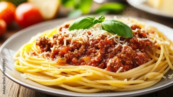 Fototapeta Spaghetti Bolognese with beef and tomato sauce, garnished with Parmesan and basil