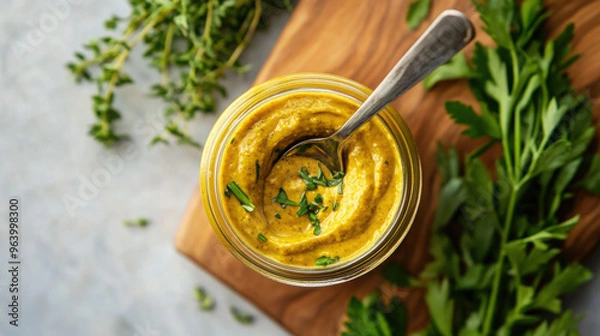 Fototapeta A jar of honey mustard with a spoon inside, surrounded by fresh herbs and a wooden board.