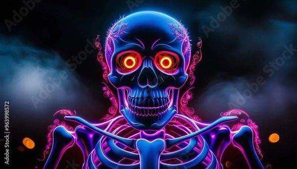 Fototapeta neon skeleton Halloween background. The skeleton's eyes radiate in shades of orange. Pink blue blurred bokeh lights backdrop