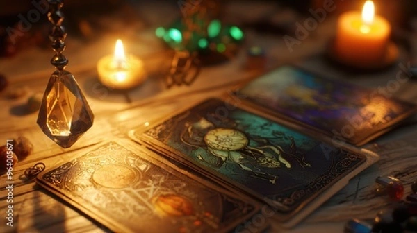 Fototapeta Tarot cards and a pendulum in motion, with detailed tarot cards, a crystal, and soft candlelight