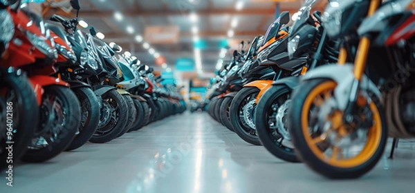 Obraz A row of motorcycles parked in a showroom. The motorcycles are all different colors and models.