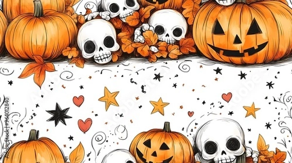 Fototapeta Whimsical doodle-style seamless pattern of tiny skeletons snuggled with piles of smiling pumpkins, surrounded by stars, hearts, and swirling autumn leaves, soft pastel colors,