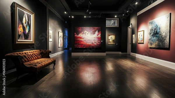 Fototapeta Modern Art Gallery Interior with Abstract Paintings and Elegant Furniture, Showcasing Contemporary Art Exhibits in a Sophisticated, Well-Lit Environment