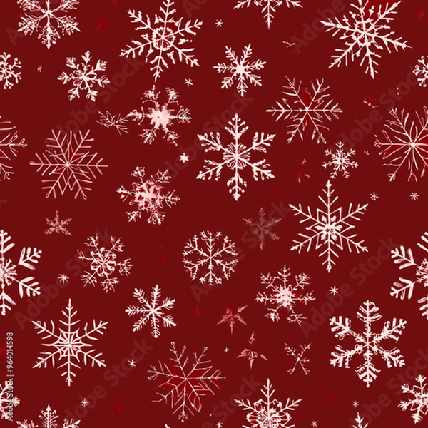 Obraz Seamless winter pattern with white snowflakes on a festive red background

