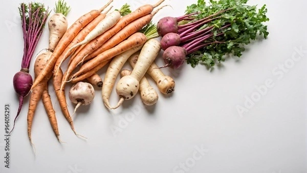Fototapeta Organic root vegetables such as yams, parsnips, and rutabagas on white background with ample copy space. Root veggie concept.