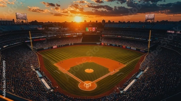 Fototapeta Aerial view of illuminated baseball stadium surrounded by trees at sunset