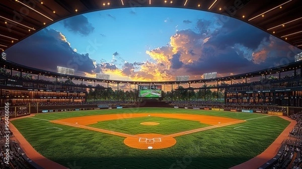 Fototapeta Aerial view of illuminated baseball stadium surrounded by trees at sunset