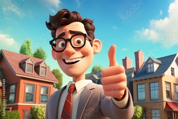 Fototapeta Character Businessman with thumbs up gesture. Real estate concept. 3D Rendering