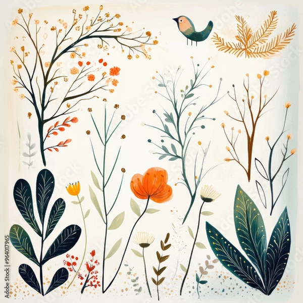 Fototapeta Colorful floral illustration featuring various plants, flowers, and bird, creating vibrant and cheerful atmosphere.