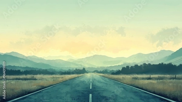 Fototapeta Road rendered in watercolor style with soft brushstrokes, gentle gradients, and a fluid, atmospheric depiction of the road.