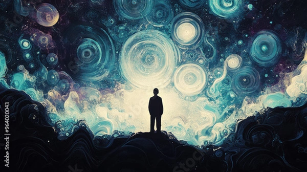 Fototapeta A figure stands in awe against cosmic backdrop filled with swirling galaxies and vibrant colors, evoking sense of wonder and serenity.