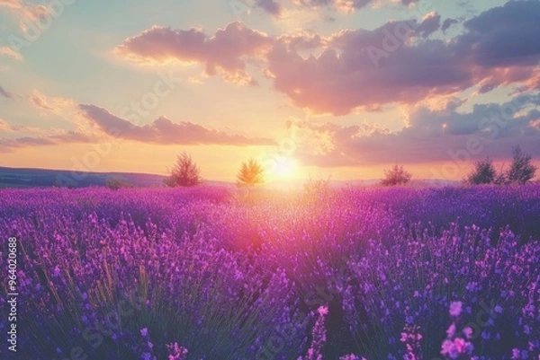 Fototapeta Wonderful nature landscape, amazing sunset scenery with blooming lavender flowers. Moody sky, pastel colors on bright landscape view. Floral panoramic meadow nature in lines with trees and horizon, ai