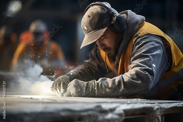 Fototapeta Worker working in a carpentry workshop, using a circular saw.