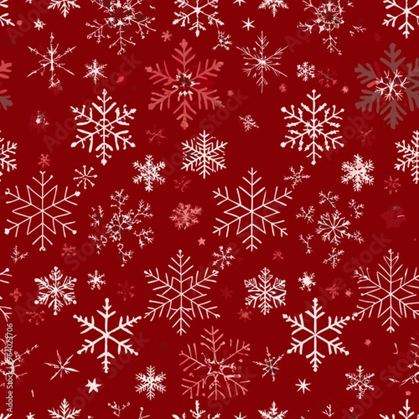 Fototapeta Seamless winter pattern with white snowflakes on a festive red background


