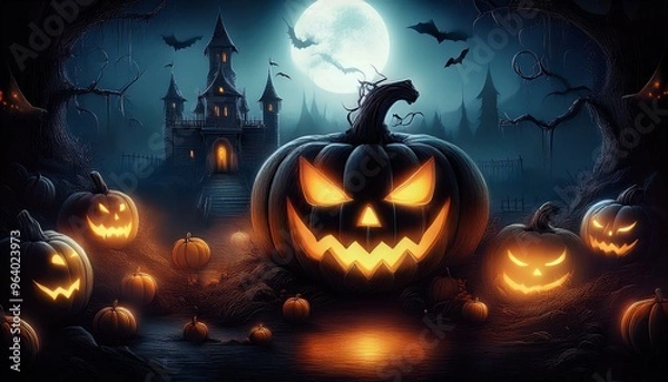 Obraz ハロウィンの夕闇で不気味に輝くジャックオーランタン