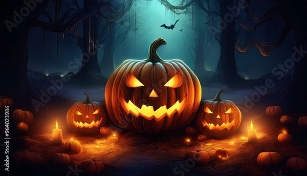 Fototapeta ハロウィンの夕闇で不気味に輝くジャックオーランタン