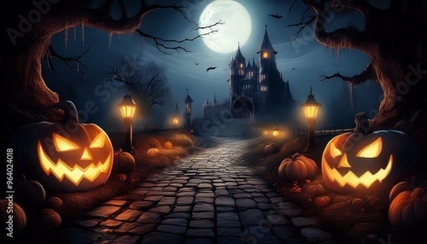 Obraz ハロウィンの夕闇で不気味に輝くジャックオーランタン