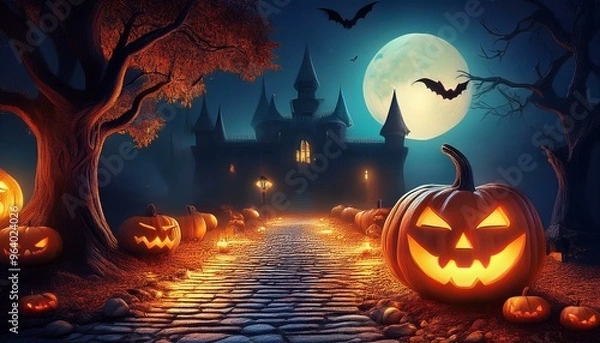 Obraz ハロウィンの夕闇で不気味に輝くジャックオーランタン